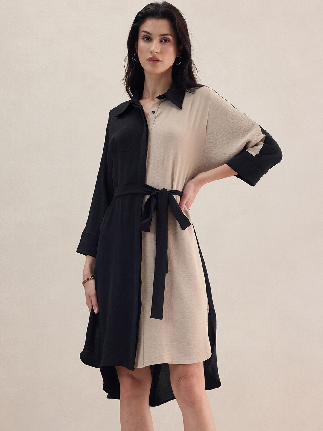 

FEMMELLA Colourblocked High-Low Shirt Dress, Black