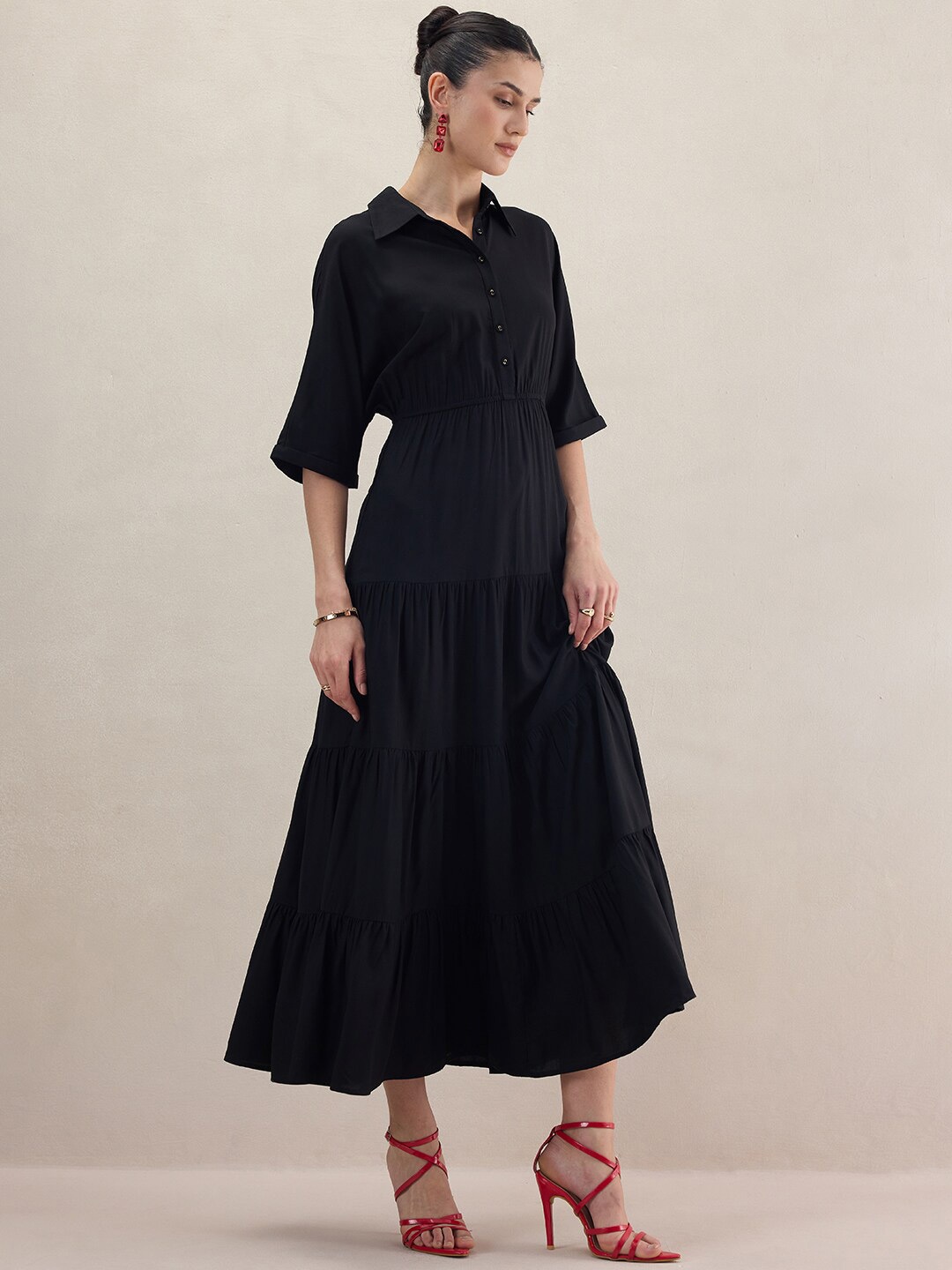 

FEMMELLA Flared Sleeves Tiered Maxi Dress, Black