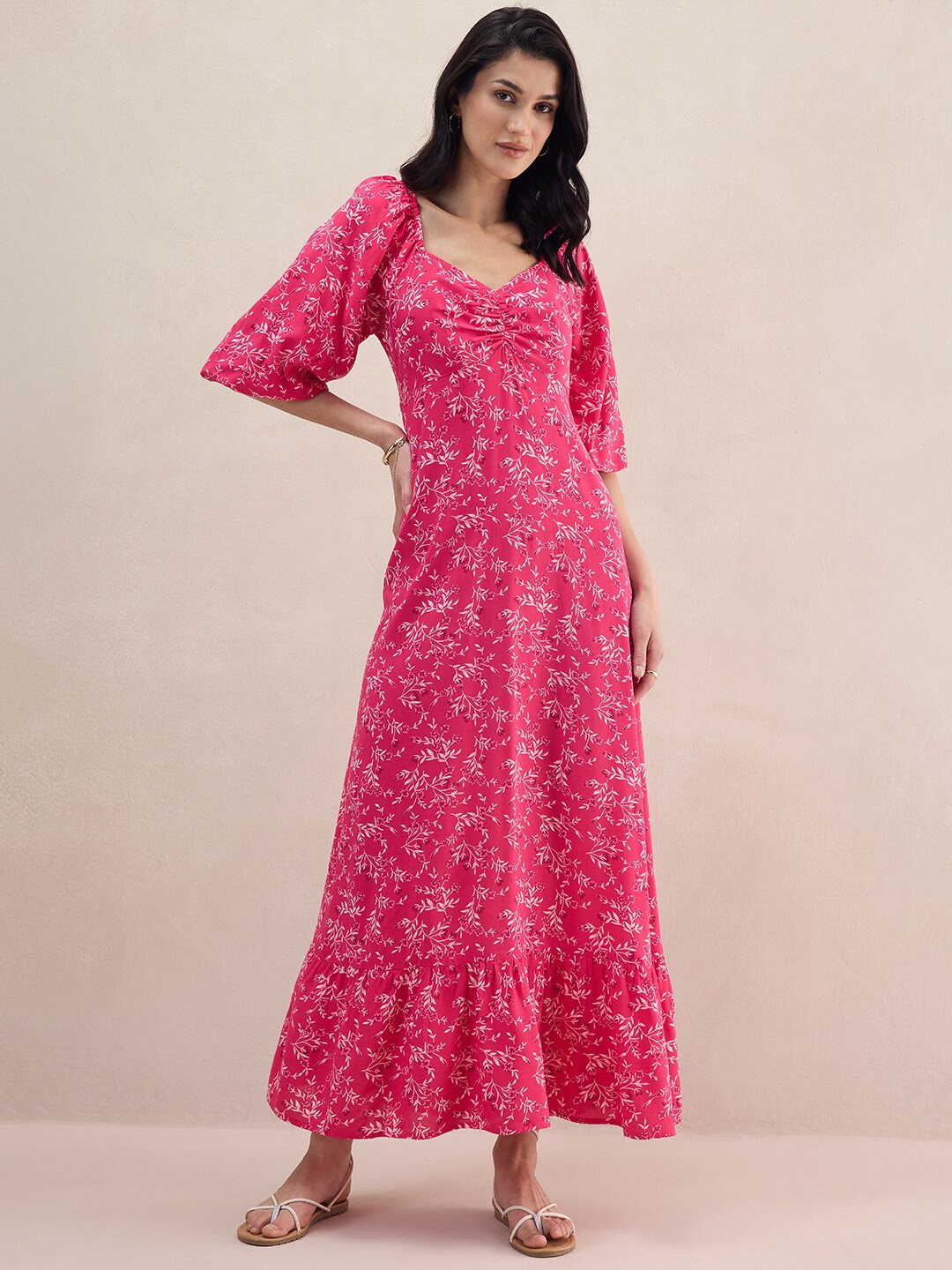 

Femella Floral Print Tiered Puff Sleeve Maxi Dress, Pink