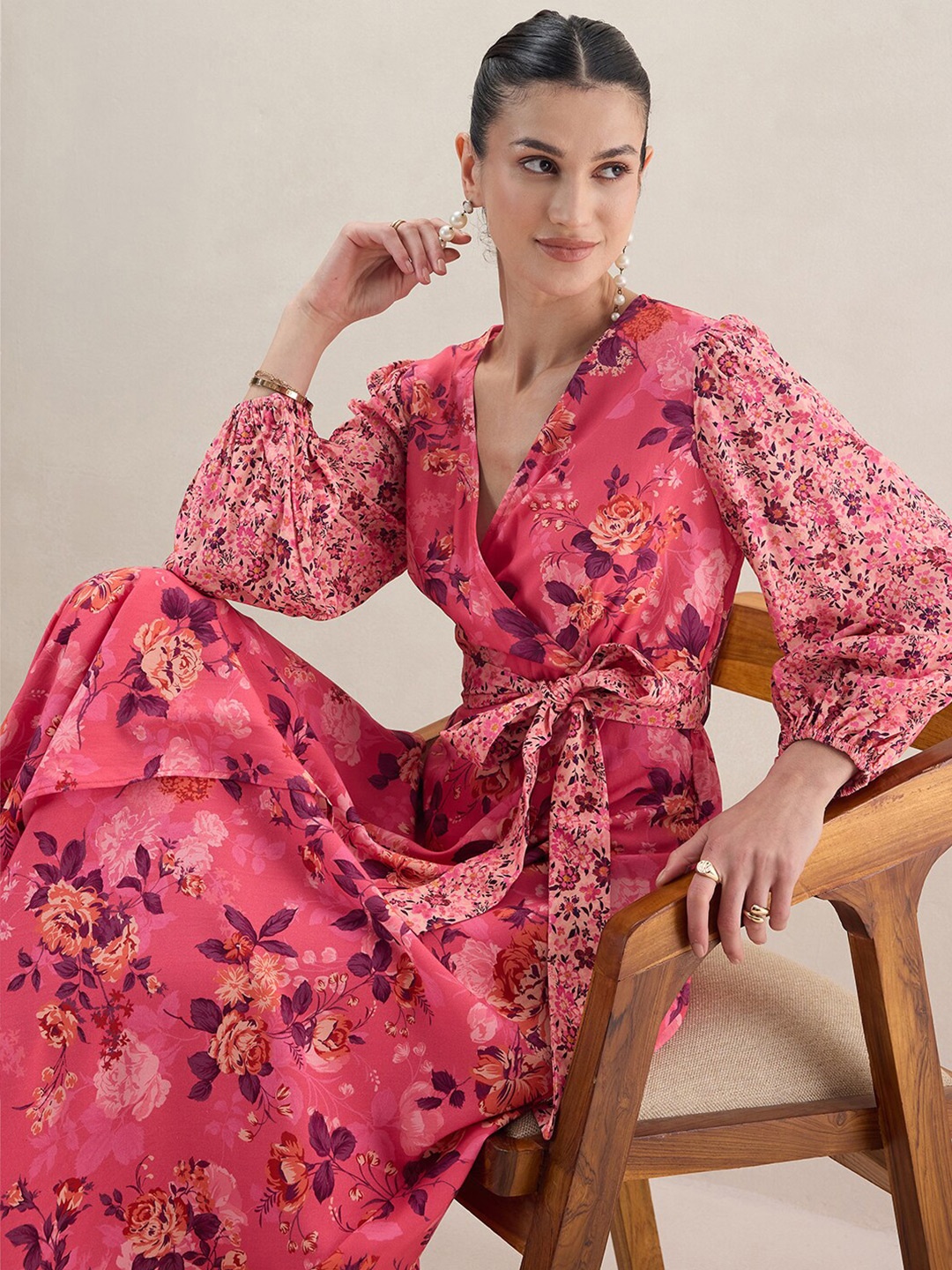 

Femella Floral Print Puff Sleeve Wrap Maxi Dress, Pink