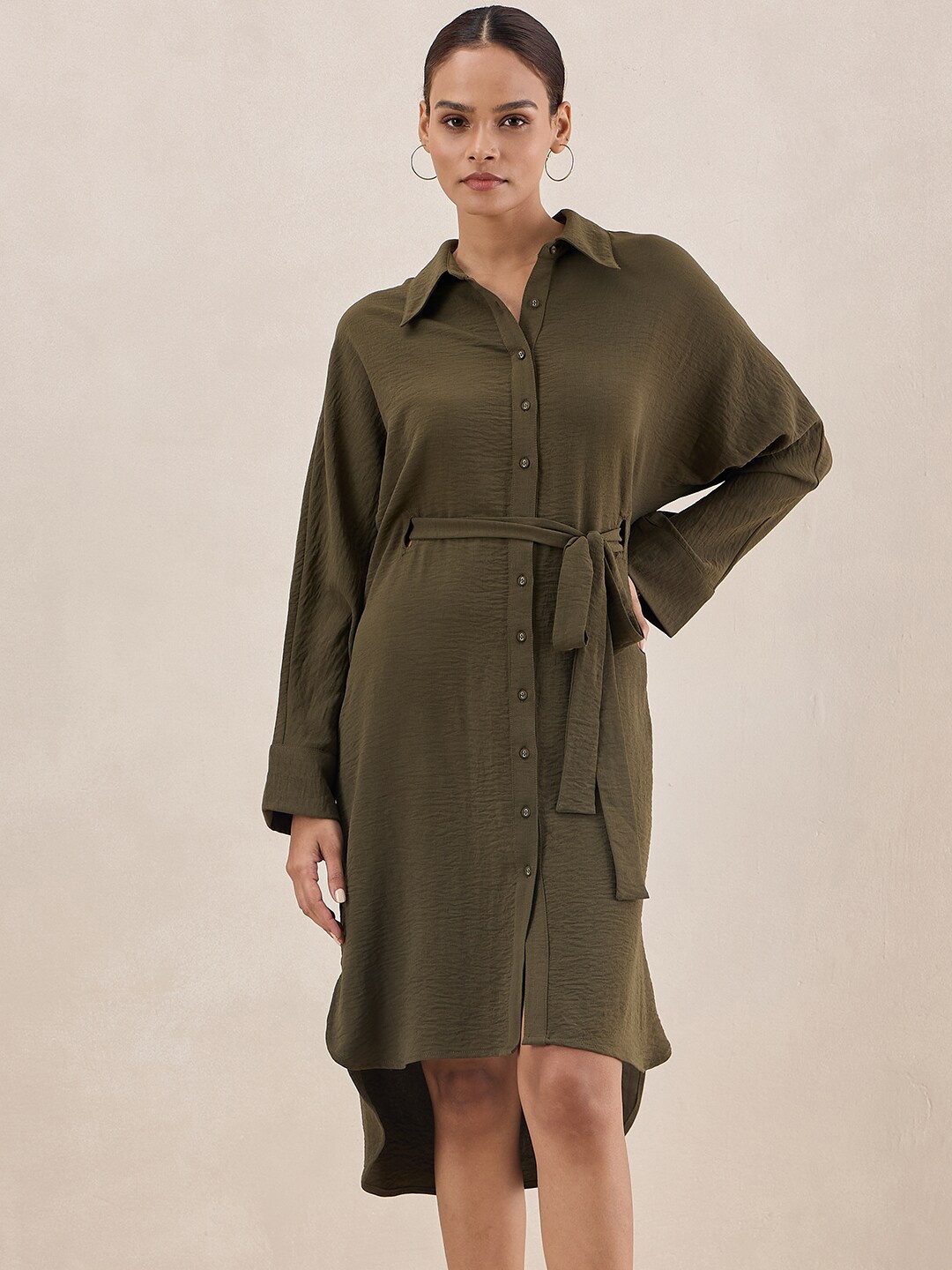 

FEMMELLA Cuffed Sleeves Shirt Dress, Olive