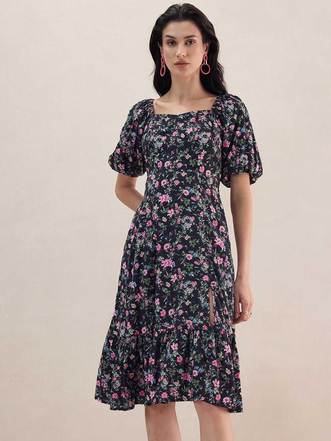 

FEMMELLA Floral Print Puff Sleeve A-Line Dress, Black