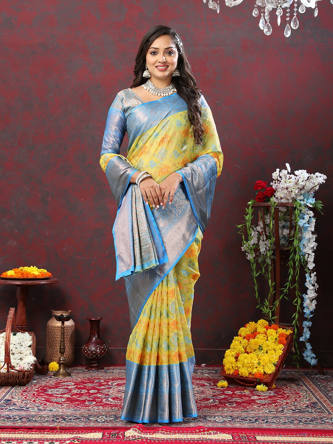 

MARGI DESIGNERS Ethnic Motifs Woven Design Zari Silk Cotton Chanderi Saree, Yellow