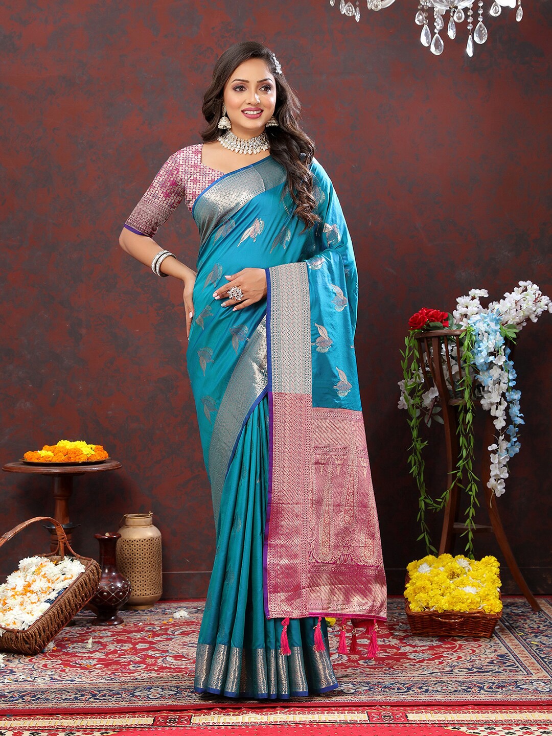 

MARGI DESIGNERS Ethnic Motifs Woven Design Zari Pure Silk Banarasi Saree, Sea green