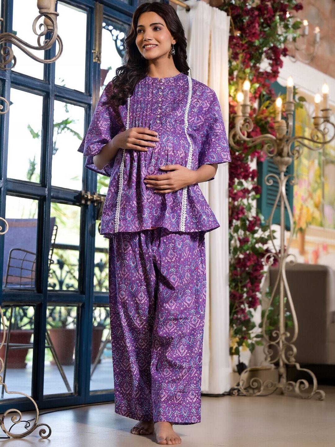 

Aujjessa Ethnic Motifs Printed Maternity Pure Cotton Night Suit, Purple