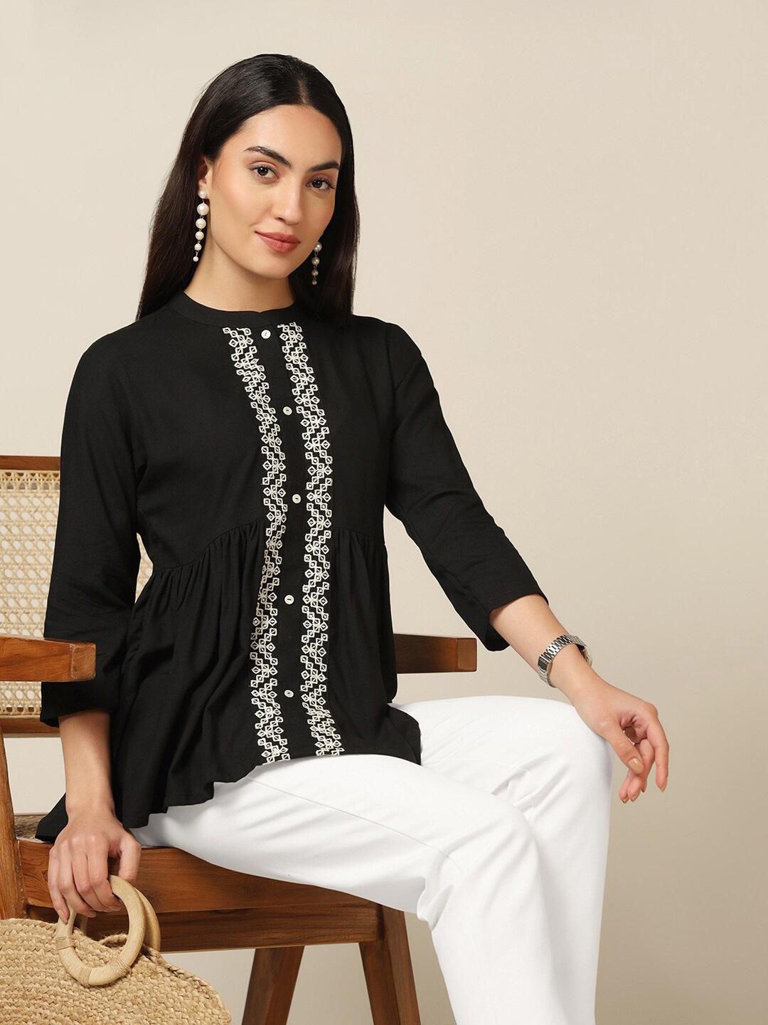 

FASHION DREAM Mandarin Collar Embroidered Regular Top, Black