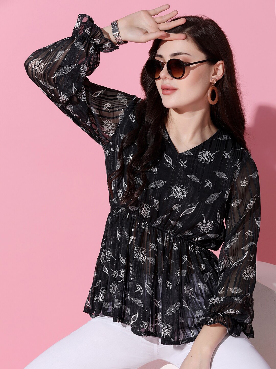 

FASHION DREAM Floral Printed Georgette Cinched Waist Top, Black
