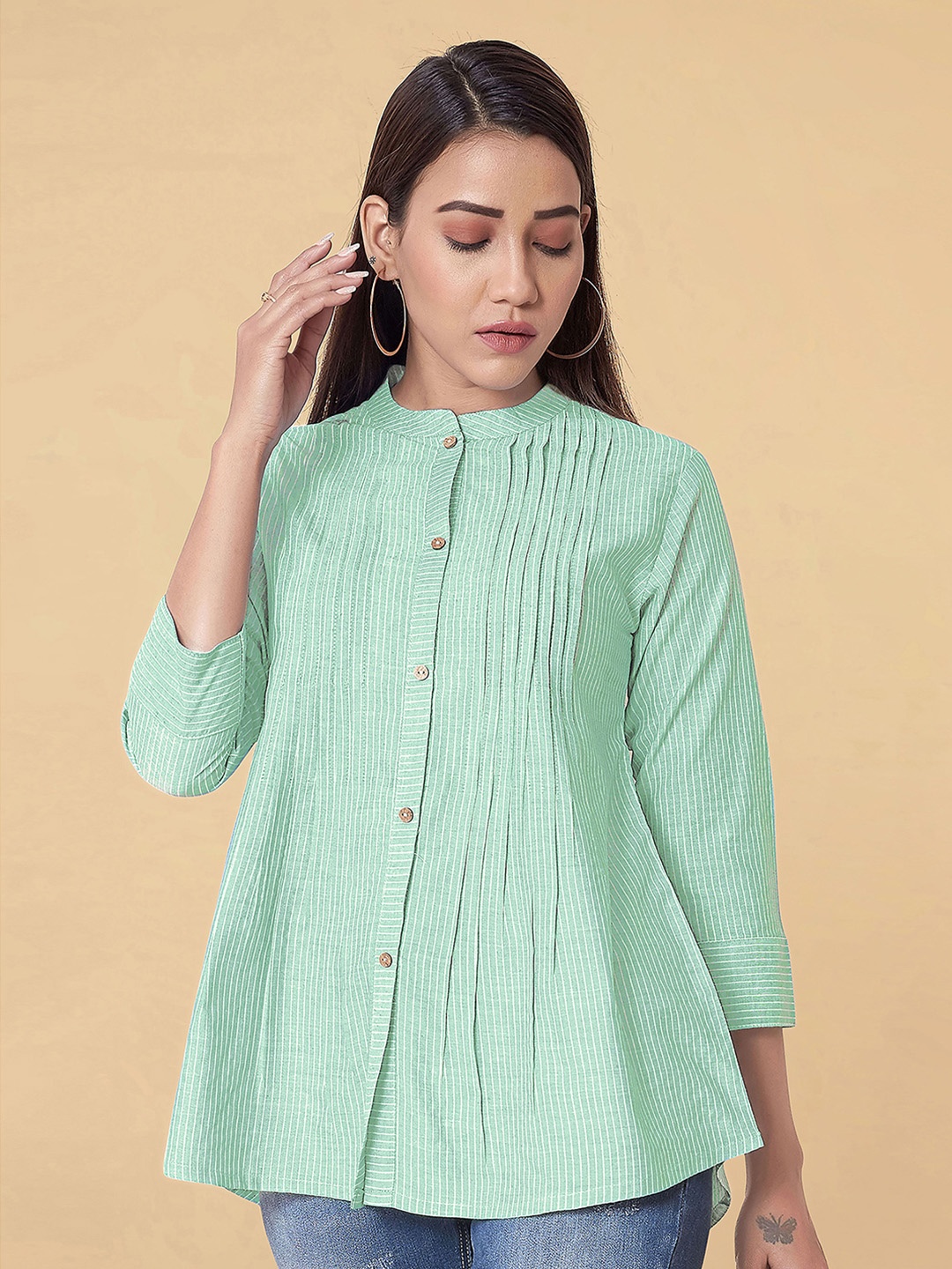 

FASHION DREAM Striped Mandarin Collar Cotton Shirt Style Top, Green