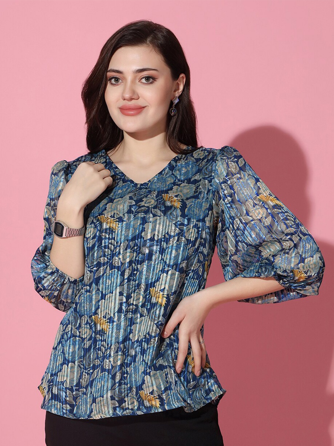 FASHION DREAM Floral Printed Puff Sleeve Georgette Top, Blue