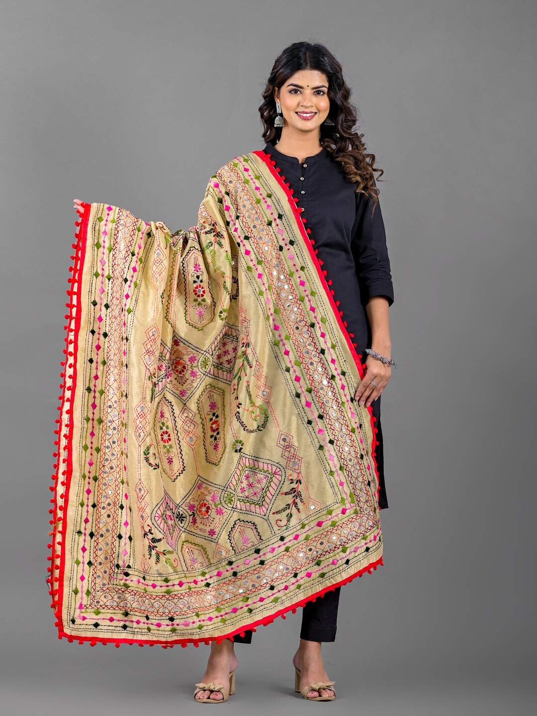 

Apratim Ethnic Motifs Embroidered Silk Mirror Work Dupatta, Beige