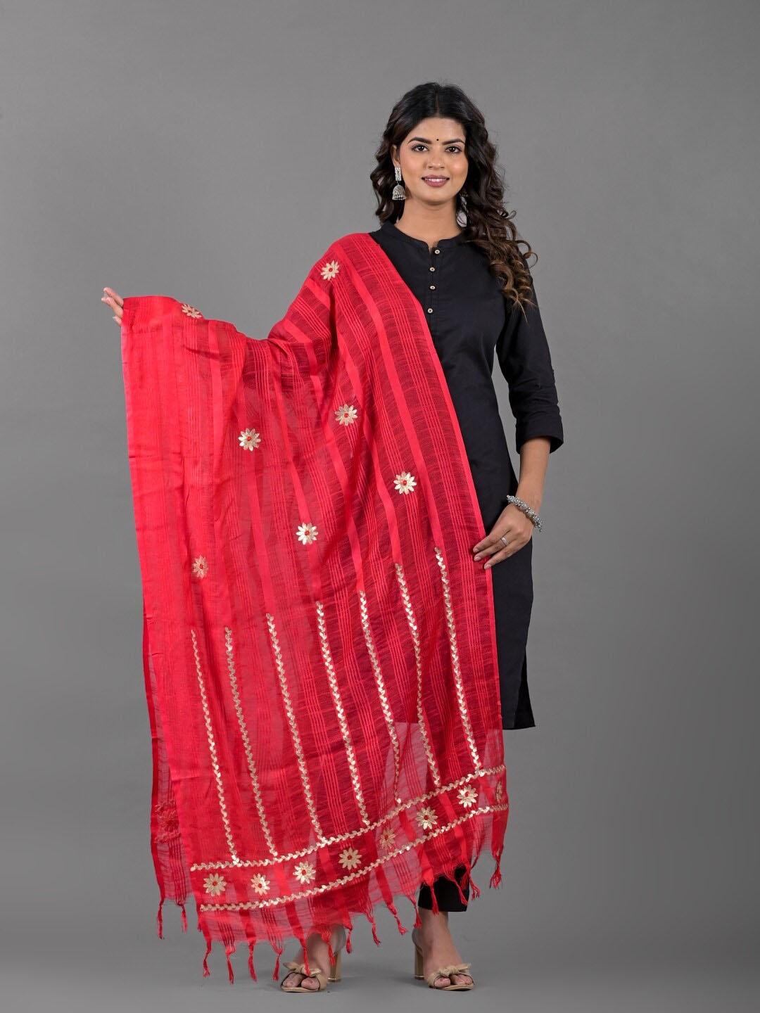 

Apratim Striped Gotta Patti Cotton Tasseled Dupatta, Red