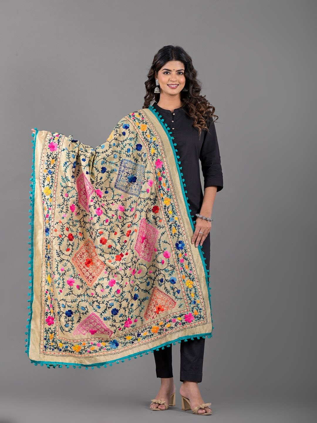 

Apratim Embroidered Dupatta with Thread Work, Beige