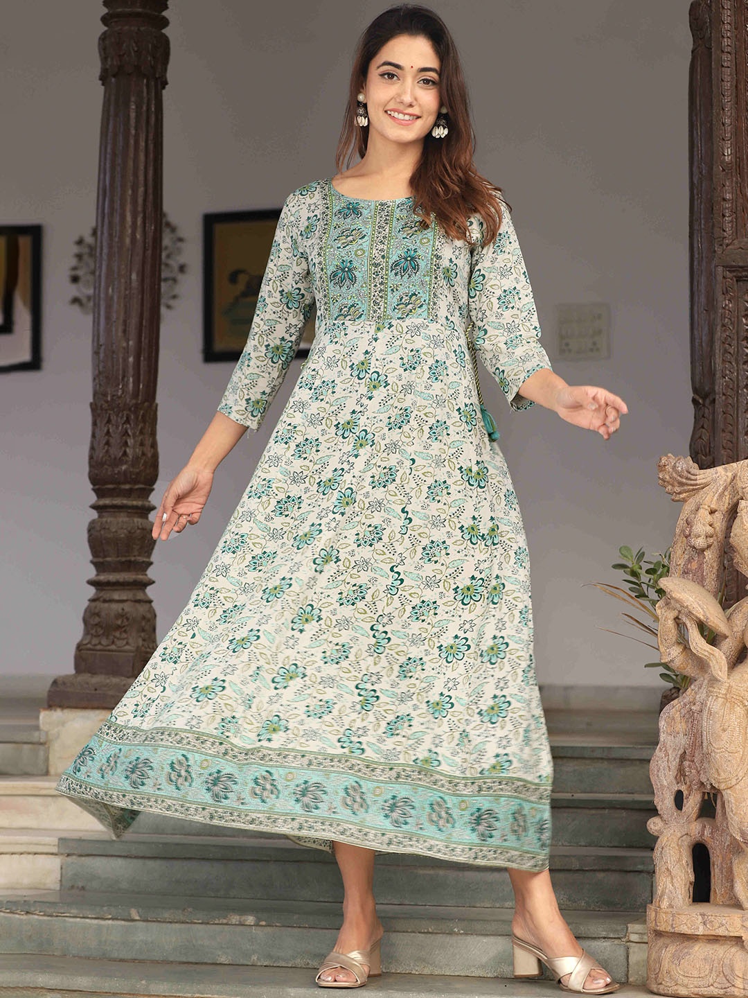 

KALINI Round Neck Floral Printed A-Line Kurta, White