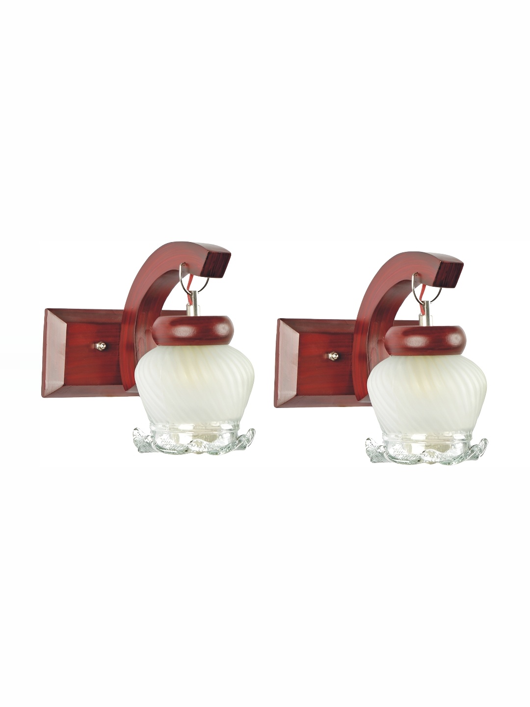 

1ST TIME White & Maroon 2 Pcs Textured Glass Traditional Bell Shaped Wall Lamps