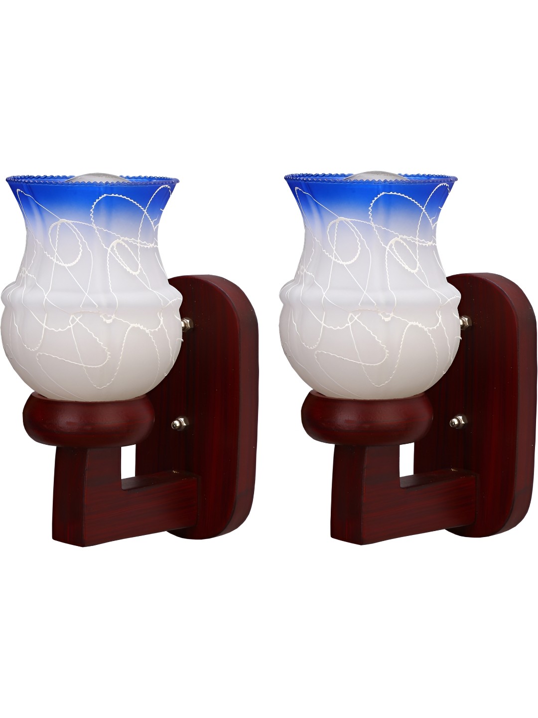 1ST TIME Blue & White 2 Pieces Printed Glass Traditional Bell Shaped Wall Lamps