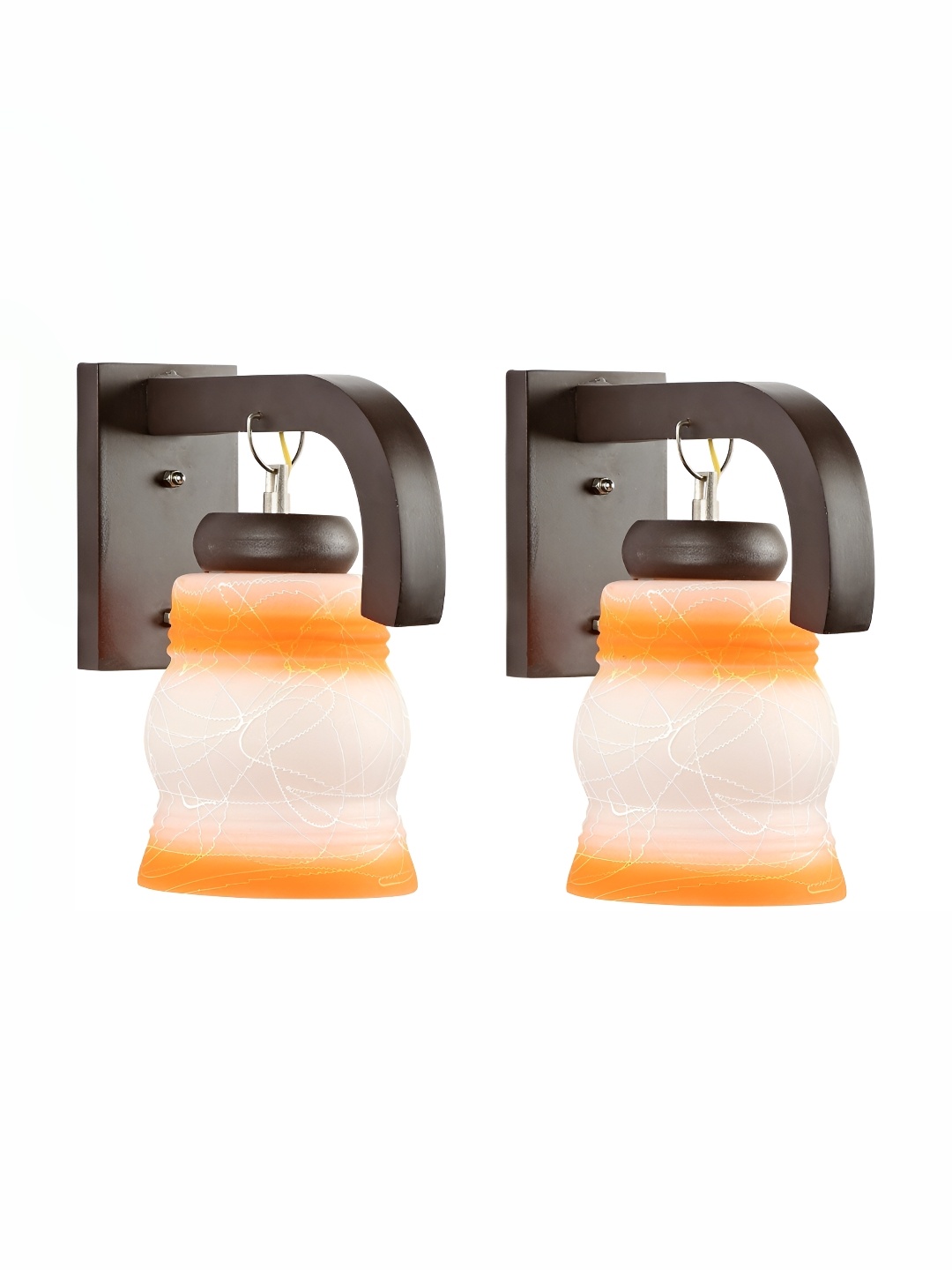 1ST TIME Orange & White 2 Pcs Printed Glass Traditional Bell Shaped Wall Lamps