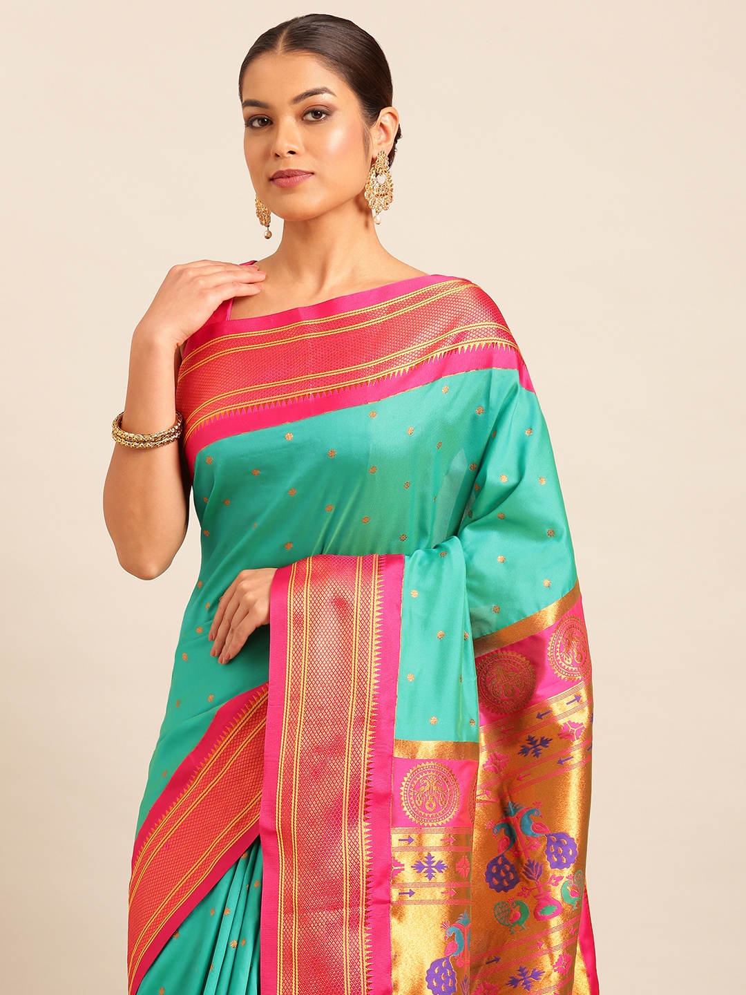 

Varkala Silk Sarees Ethnic Motifs Zari Paithani Saree, Sea green