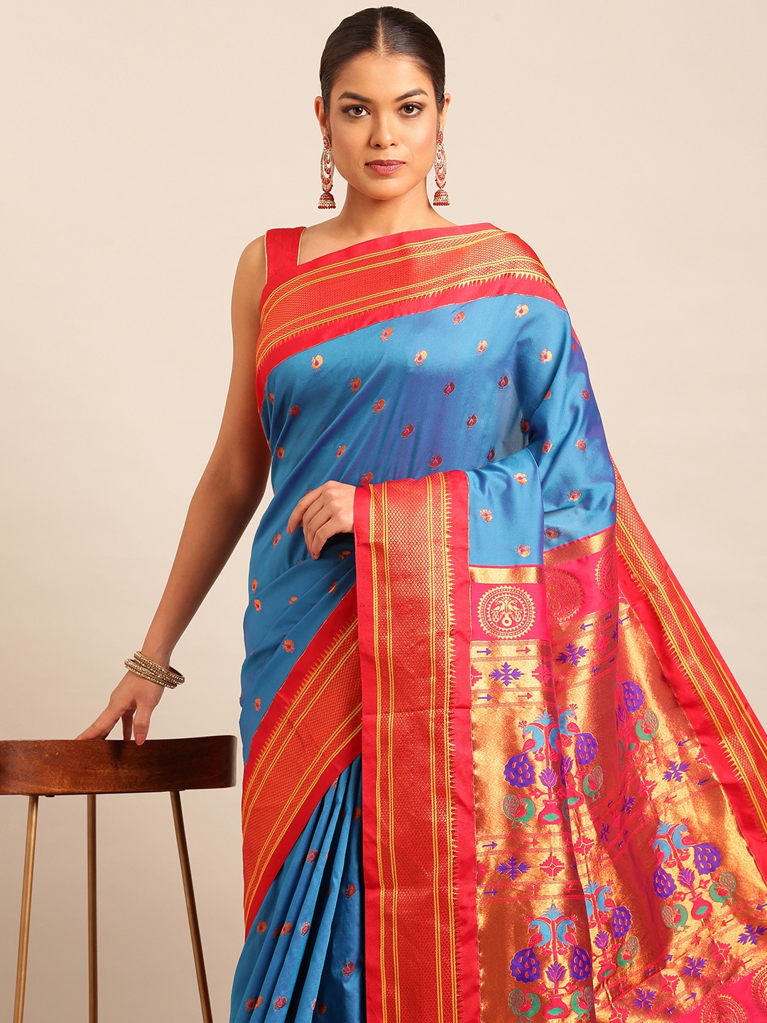 

Varkala Silk Sarees Ethnic Motifs Zari Paithani Saree, Blue
