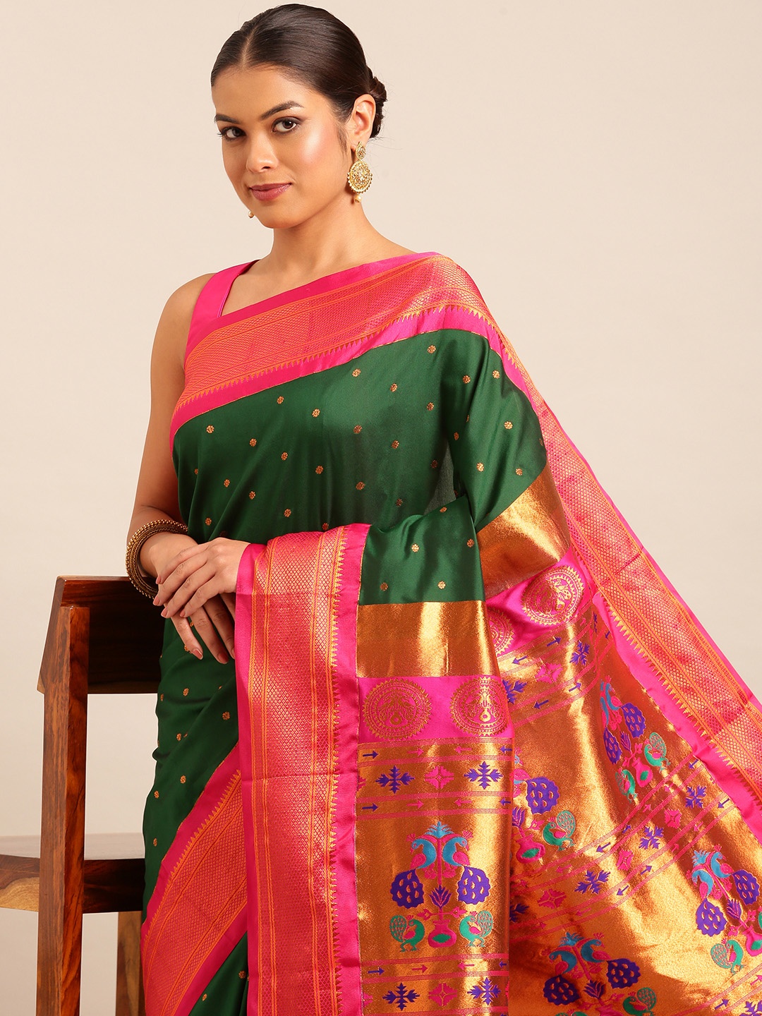 

Varkala Silk Sarees Ethnic Motifs Zari Paithani Saree, Green