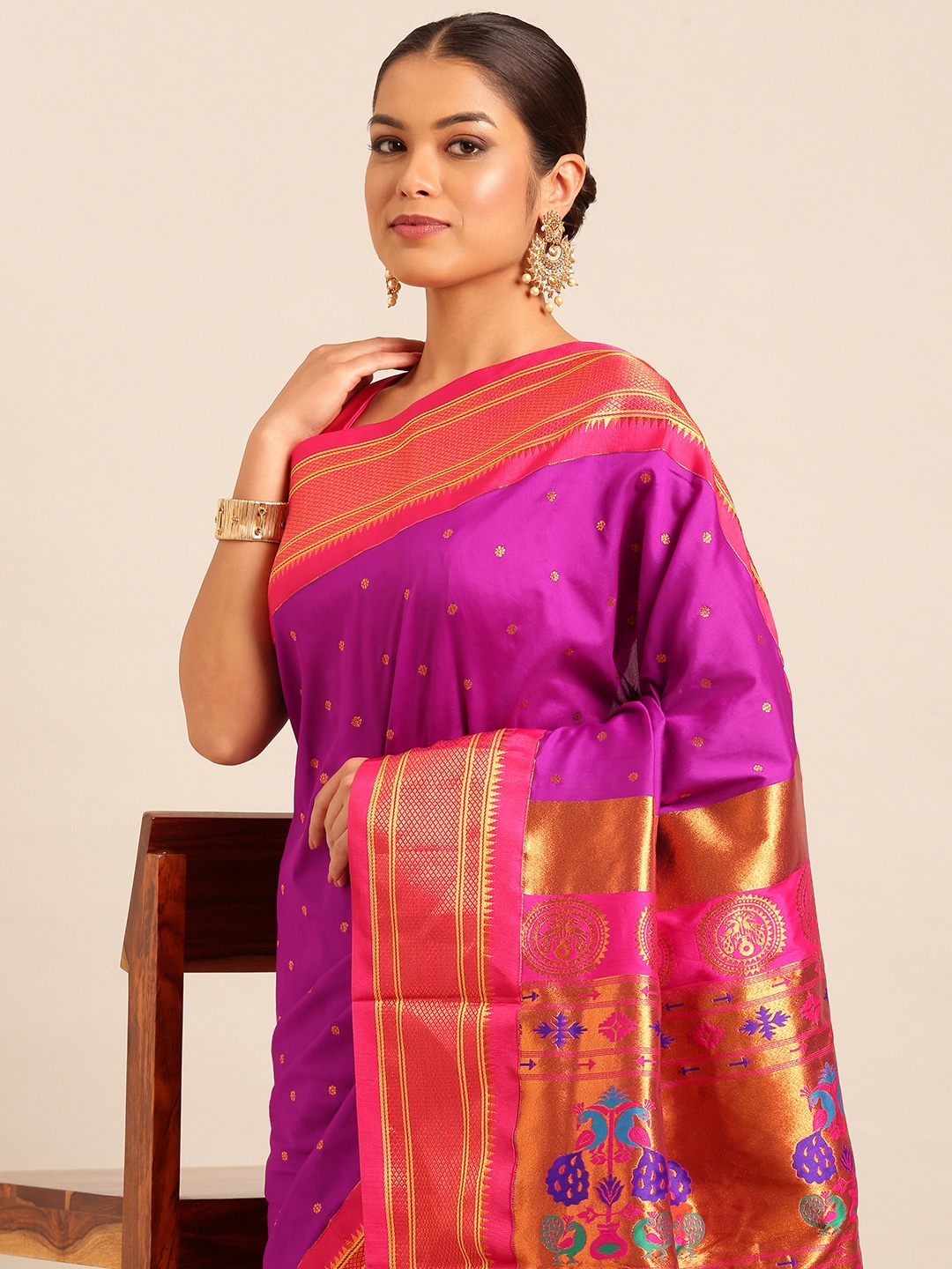 

Varkala Silk Sarees Ethnic Motifs Woven Design Zari Paithani Saree, Purple