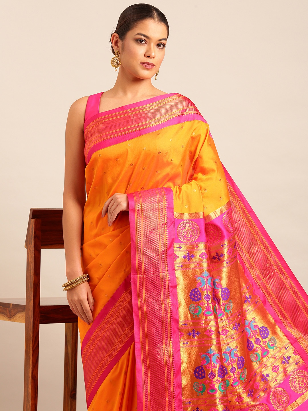 

Varkala Silk Sarees Ethnic Motifs Zari Paithani Saree, Orange