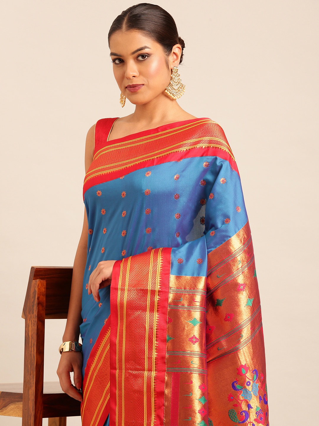 

Varkala Silk Sarees Ethnic Motifs Woven Design Zari Paithani Saree, Blue