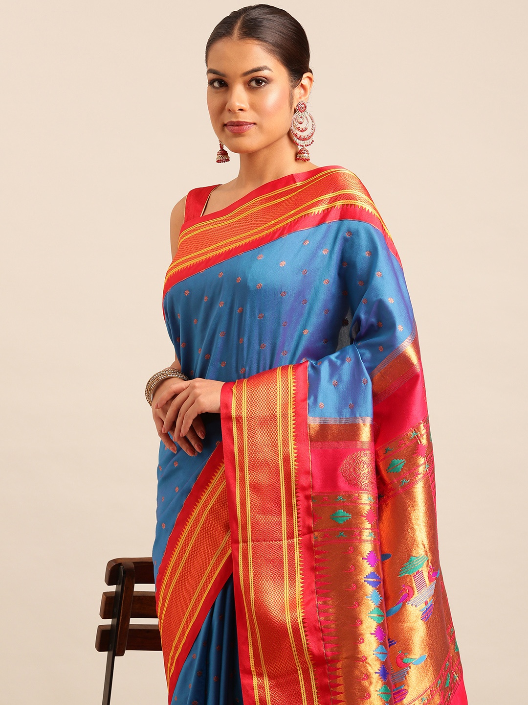 

Varkala Silk Sarees Ethnic Motifs Zari Paithani Saree, Blue