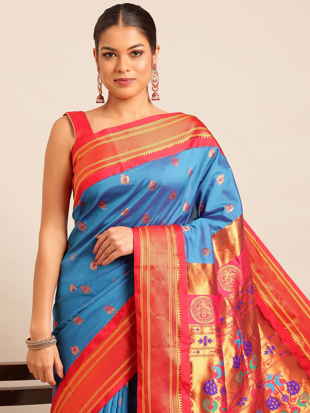 

Varkala Silk Sarees Ethnic Motifs Zari Paithani Saree, Blue