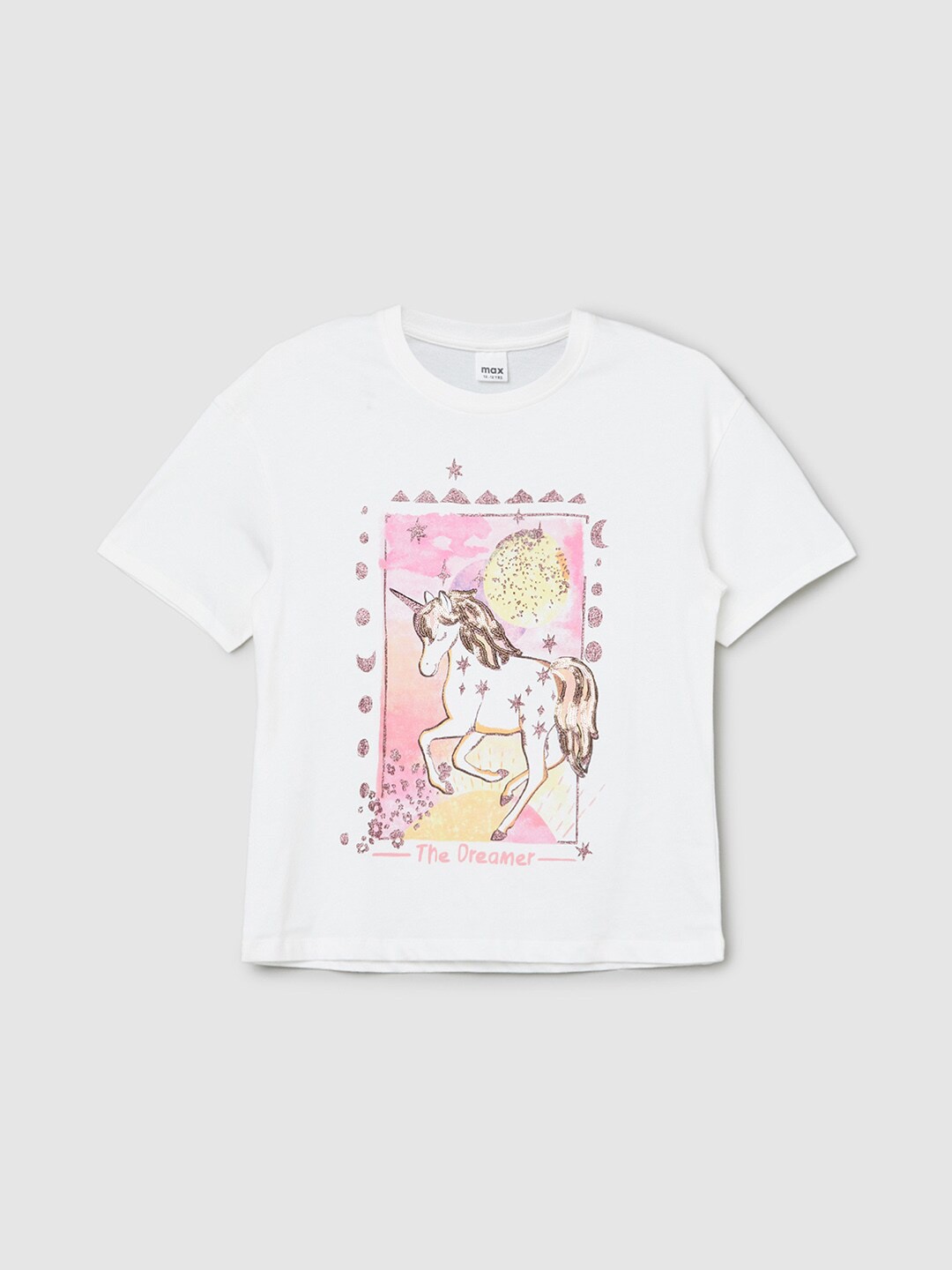 

max Girls Graphic Printed Oversized Pure Cotton T-shirt, White