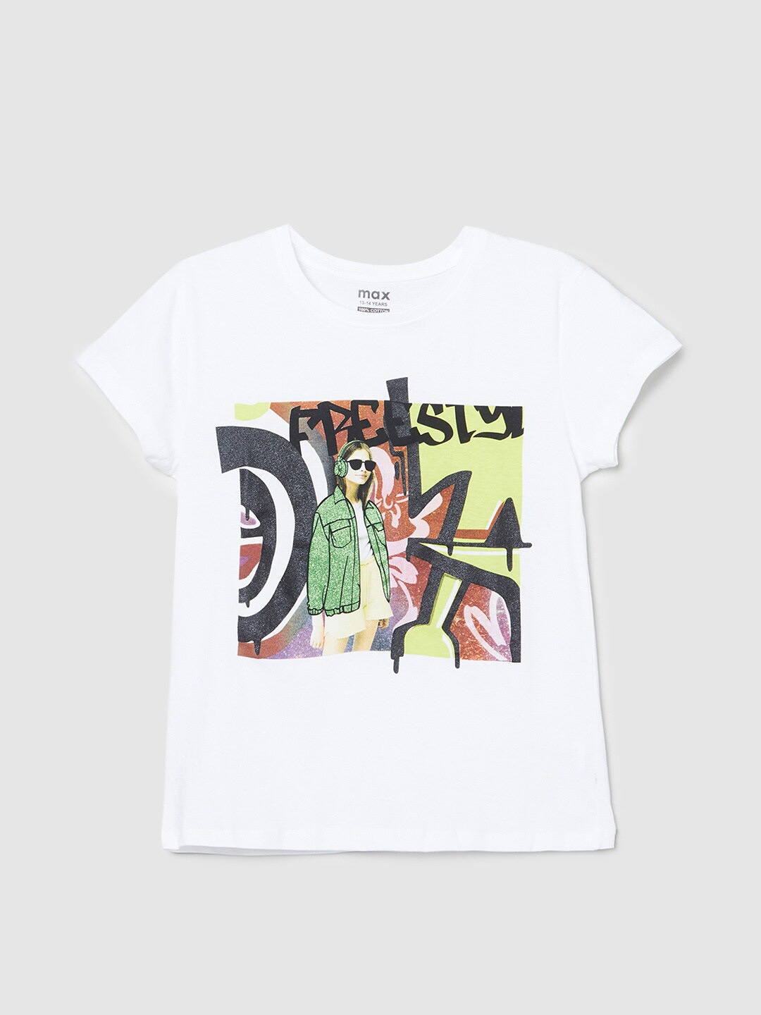 

max Girls Graphic Printed Round Neck Pure Cotton T-shirt, White