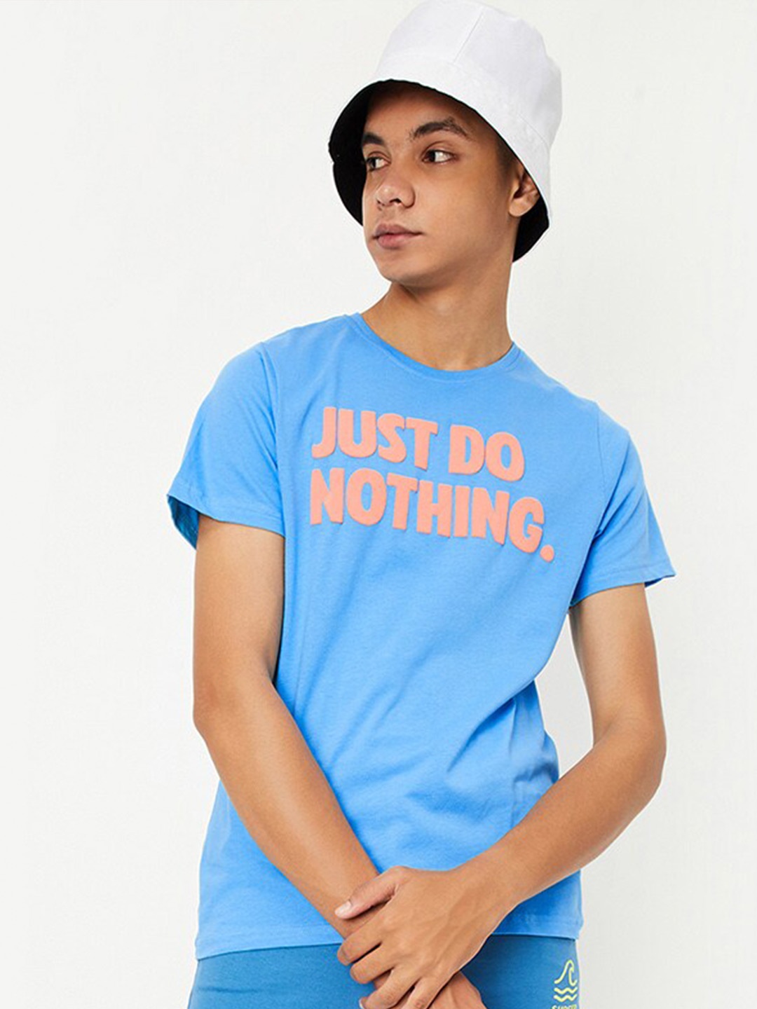

max Boys Typography Printed Round Neck Pure Cotton T-shirt, Blue
