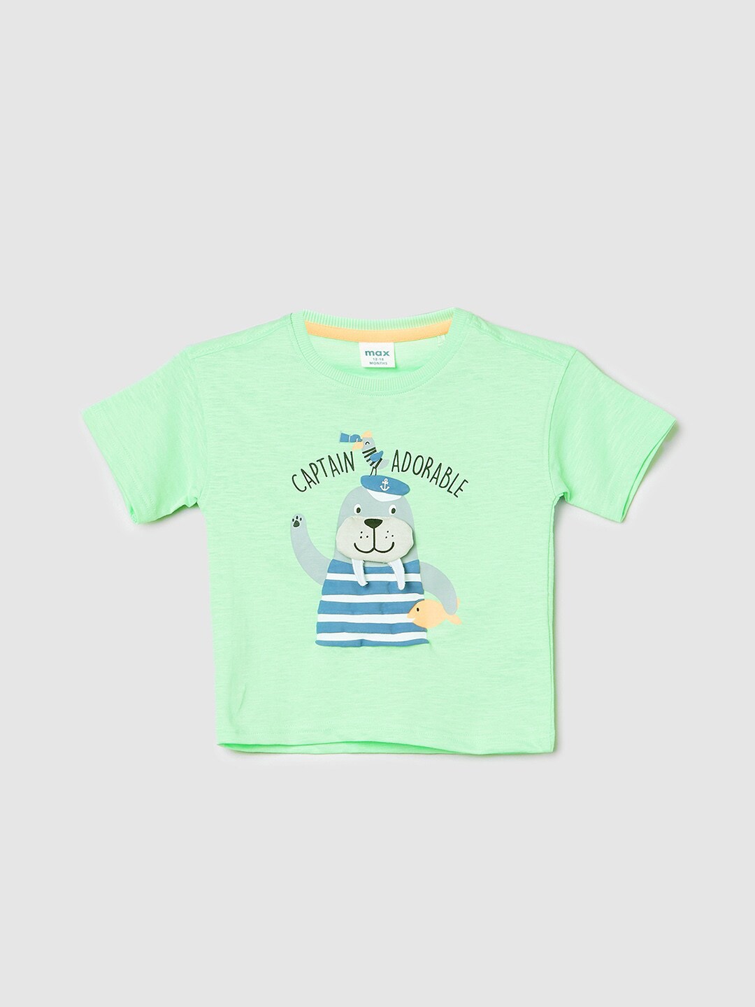 

max Boys Typography Printed Pure Cotton T-shirt, Green