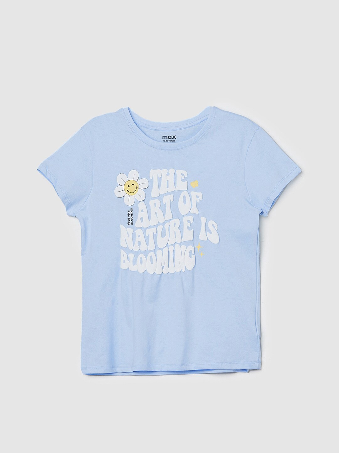 max Girls Typography Printed Pure Cotton T-shirt, Turquoise blue
