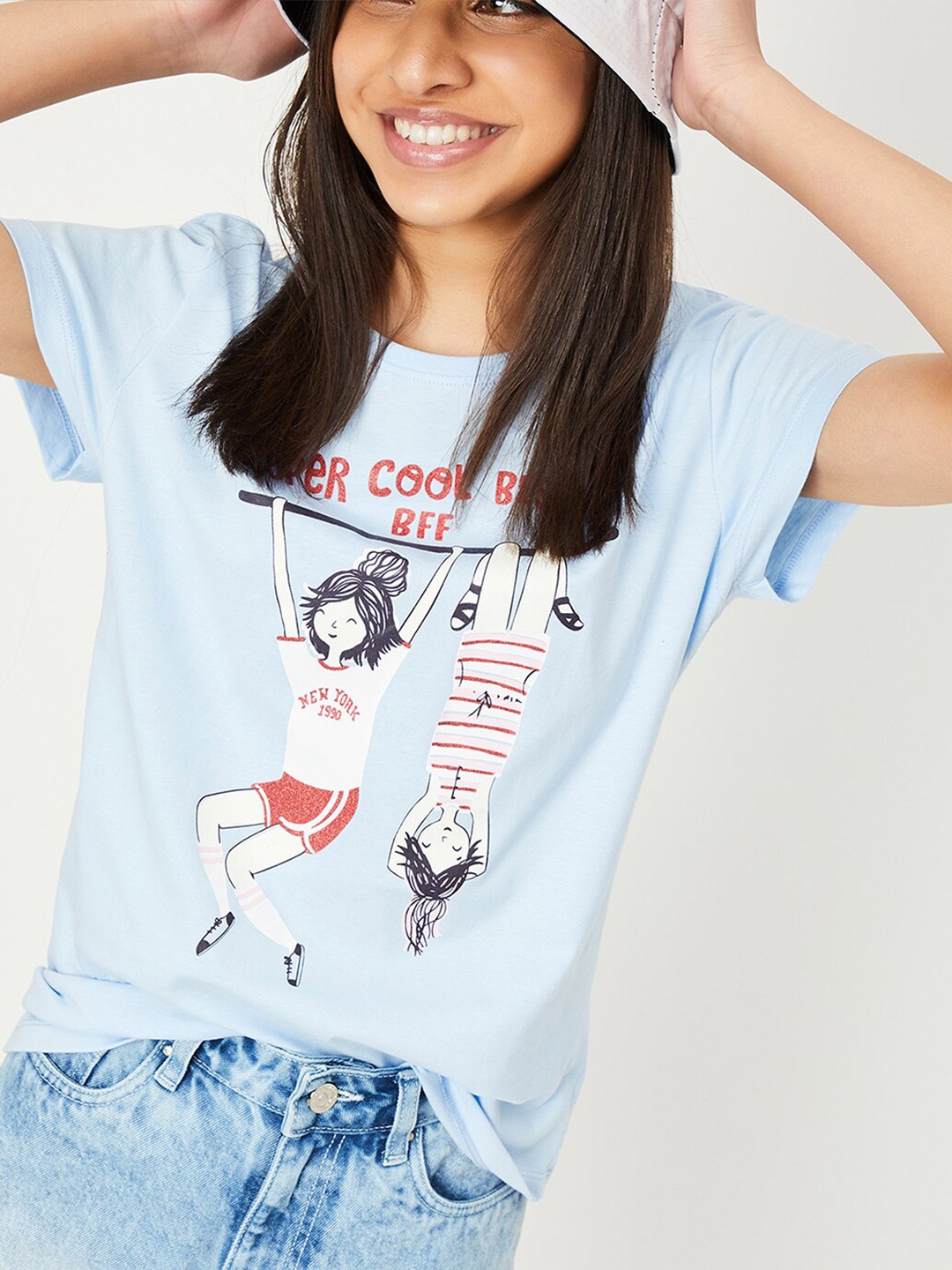 

max Girls Graphic Printed Round Neck Pure Cotton T-shirt, Turquoise blue