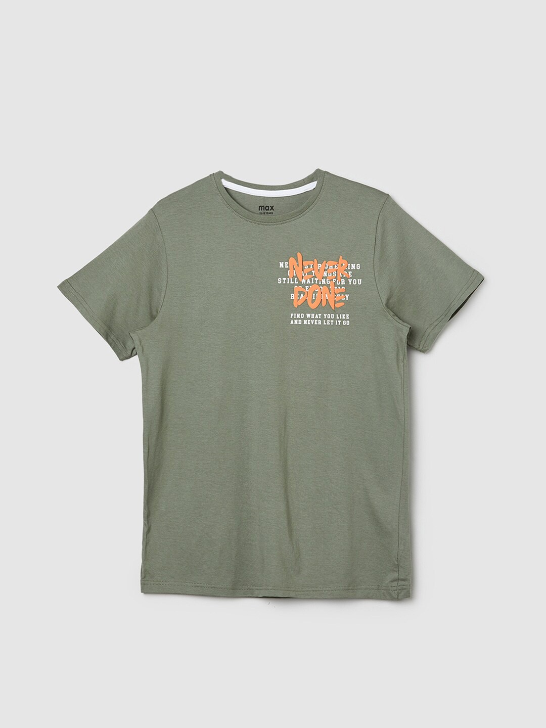 

max Boys Typography Printed Round Neck Pure Cotton T-shirt, Olive