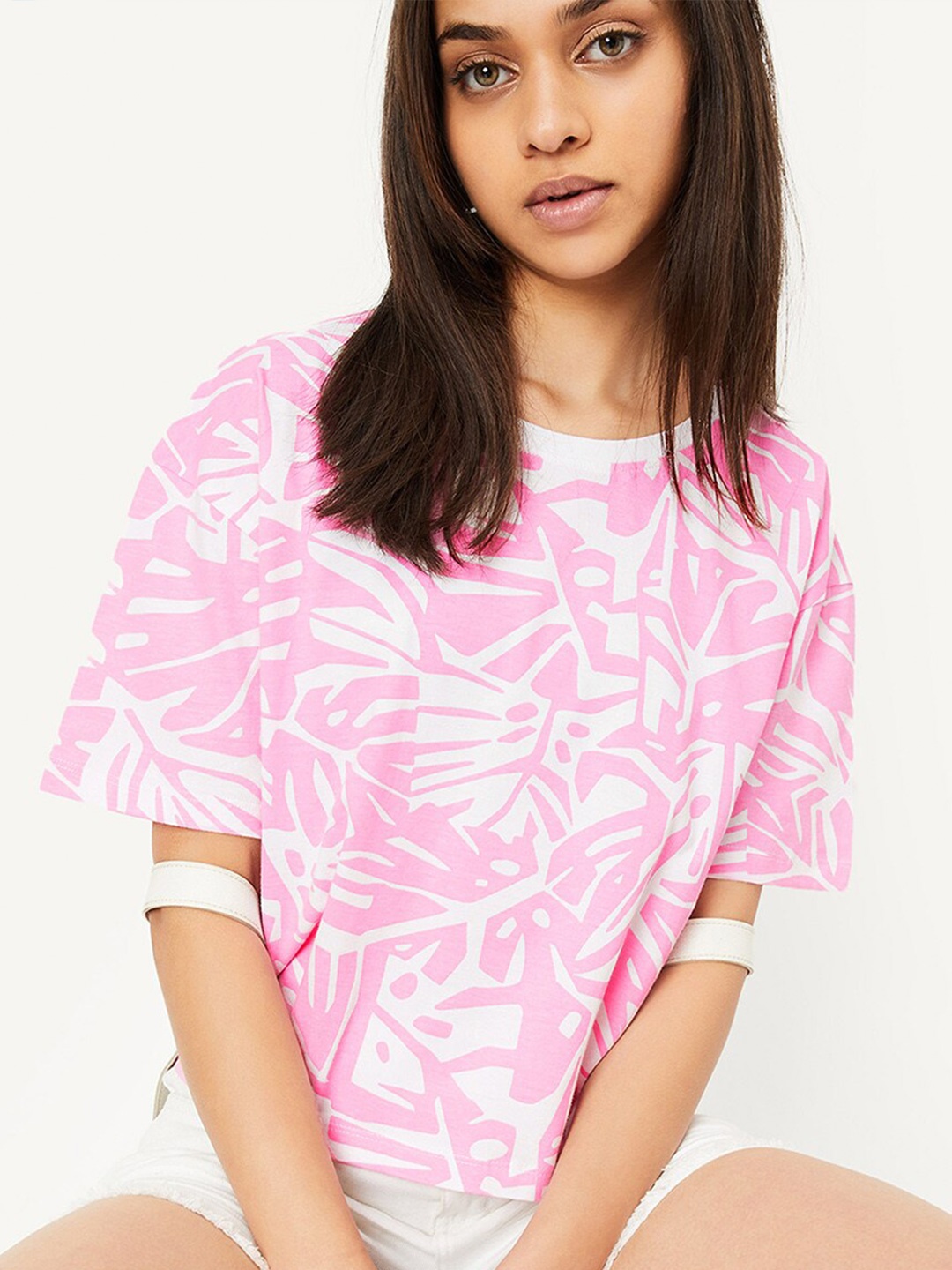 

max Girls Abstract Printed Cotton T-shirt, Pink