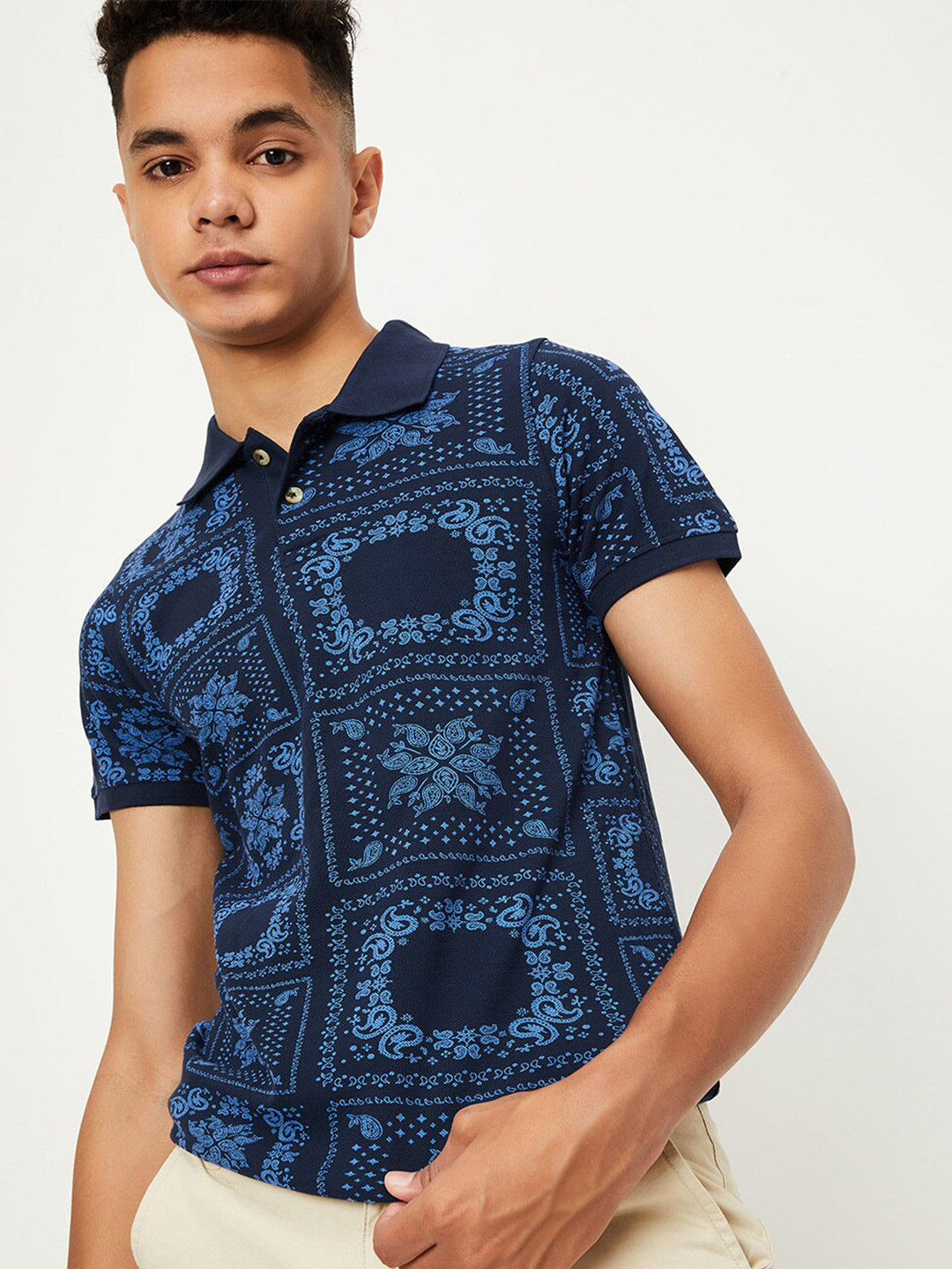 

max Boys Ethnic Motifs Printed Polo Collar Pure Cotton T-shirt, Navy blue