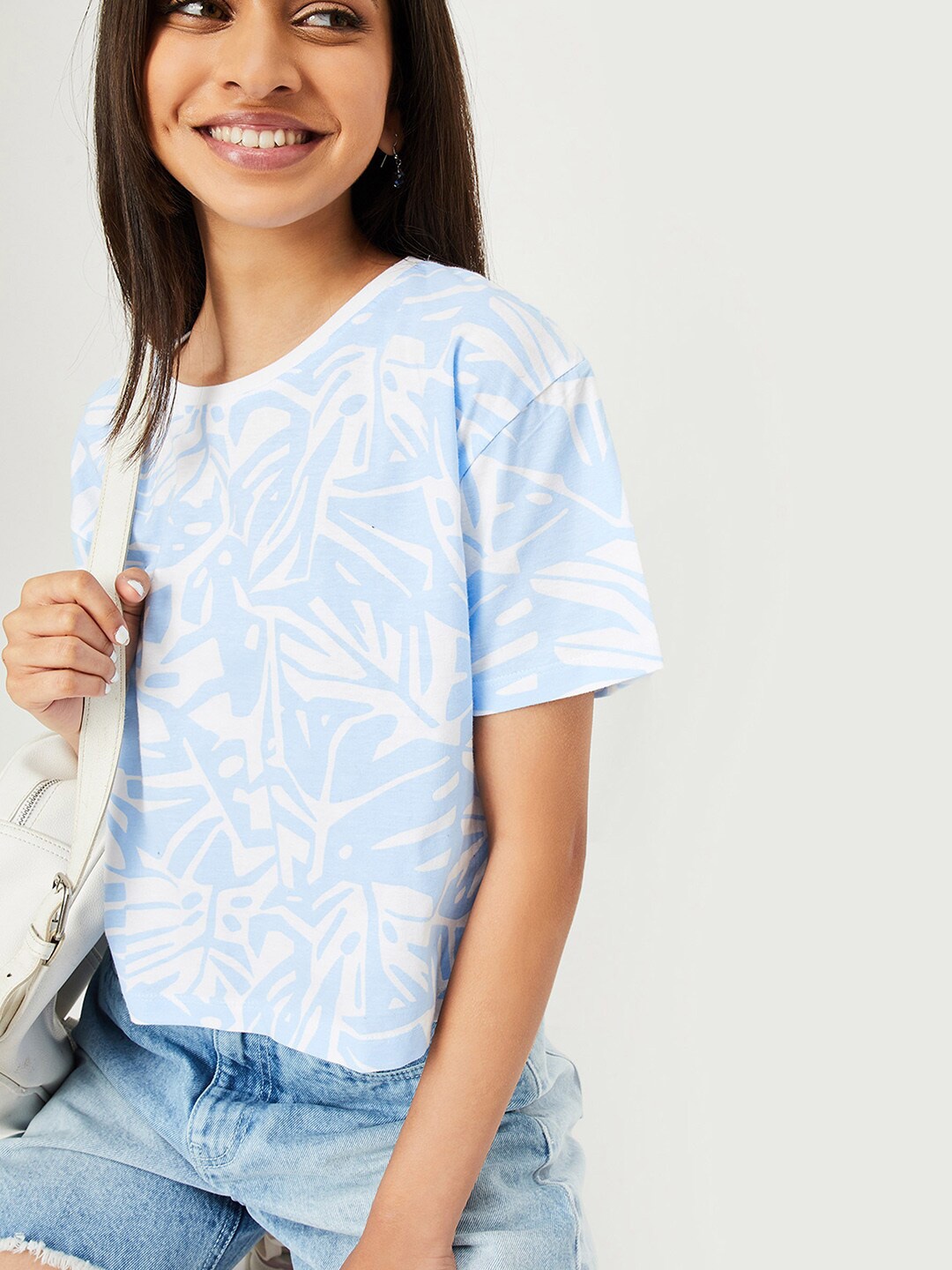 

max Girls Floral Printed Drop-Shoulder Sleeves Pure Cotton T-shirt, Blue