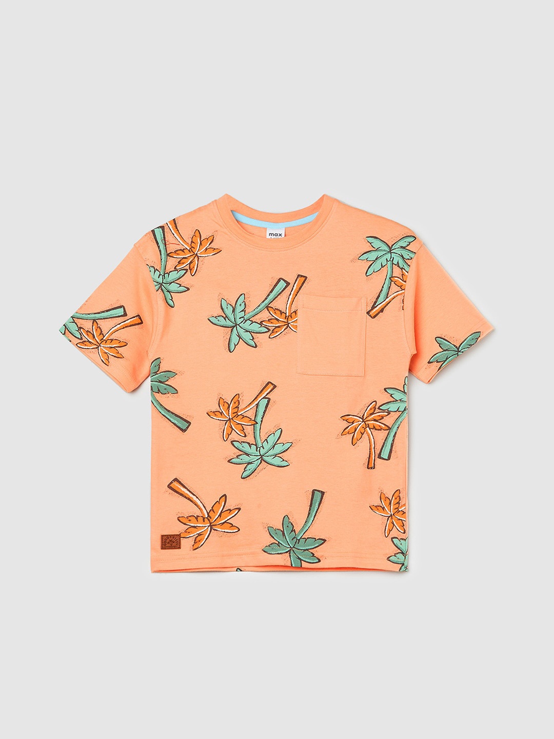 

max Boys Floral Printed Round Neck Pure Cotton T-shirt, Peach