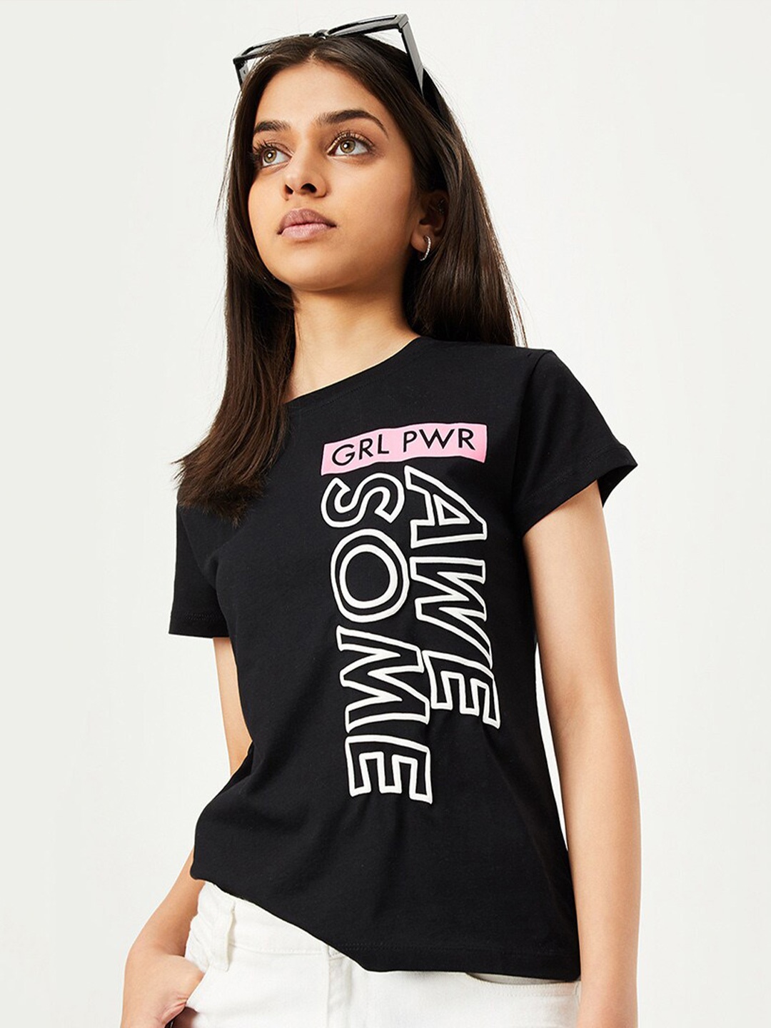 

max Girls Typography Printed Pure Cotton T-shirt, Black