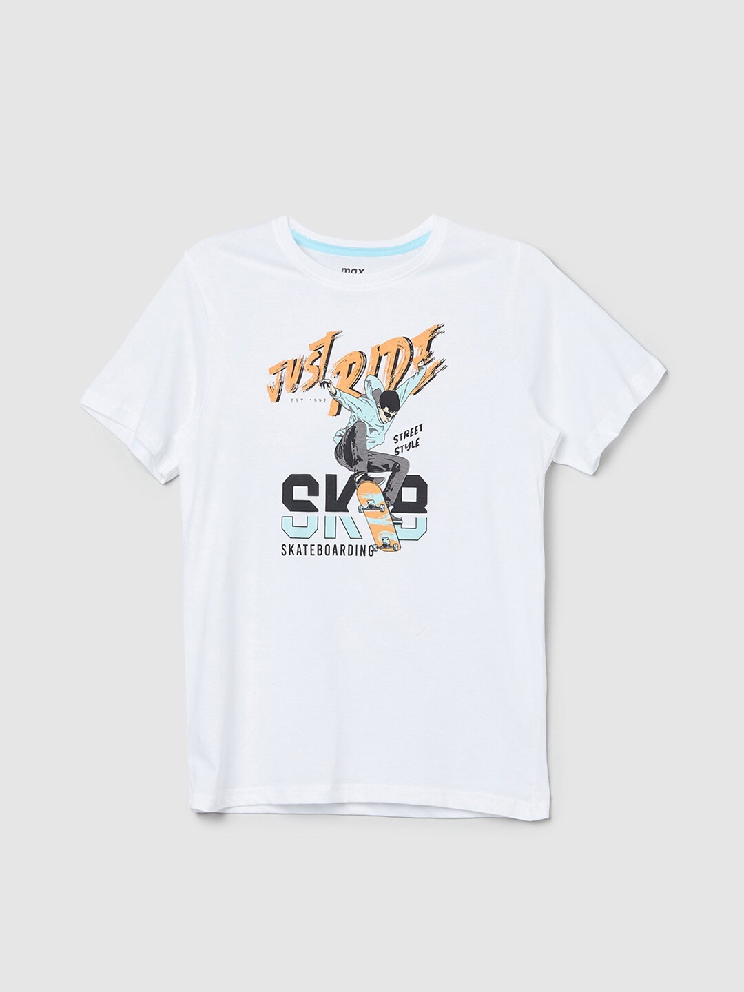 

max Boys Typography Printed Round Neck Pure Cotton T-shirt, White
