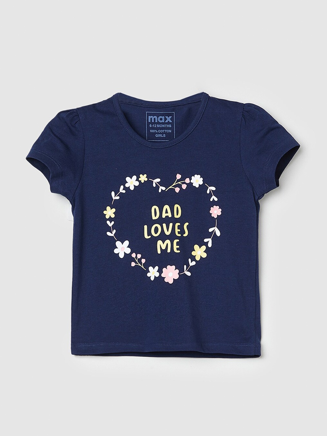 

max Girls Typography Printed Round Neck Pure Cotton T-shirt, Navy blue