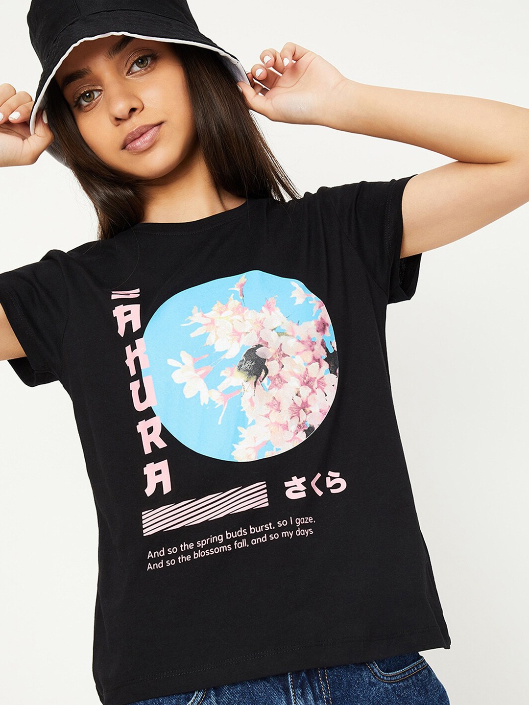 

max Girls Floral Printed Round Neck Pure Cotton T-shirt, Black