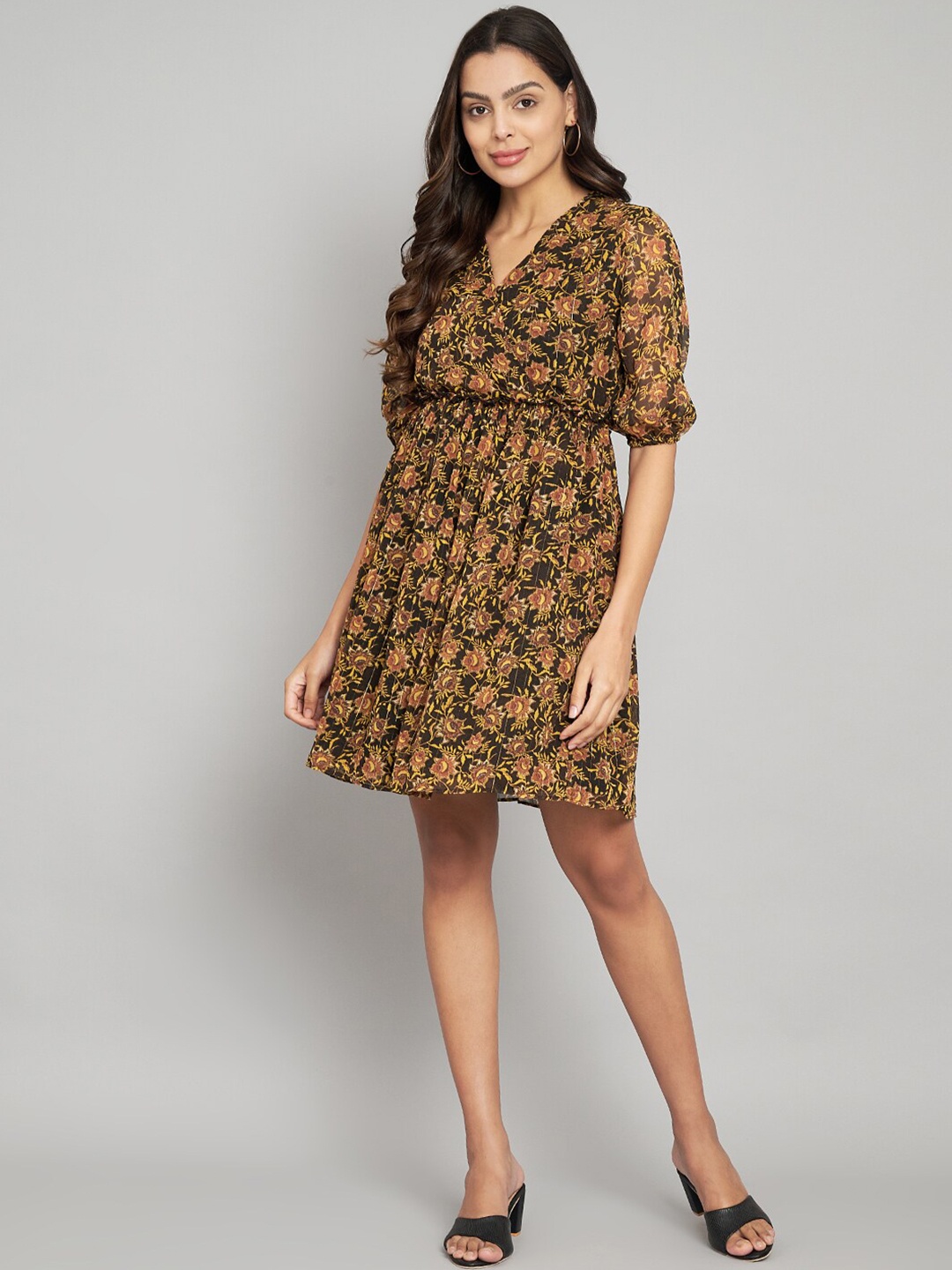 

Amagyaa V Neck Floral Print Puff Sleeve Fit & Flare Dress, Brown
