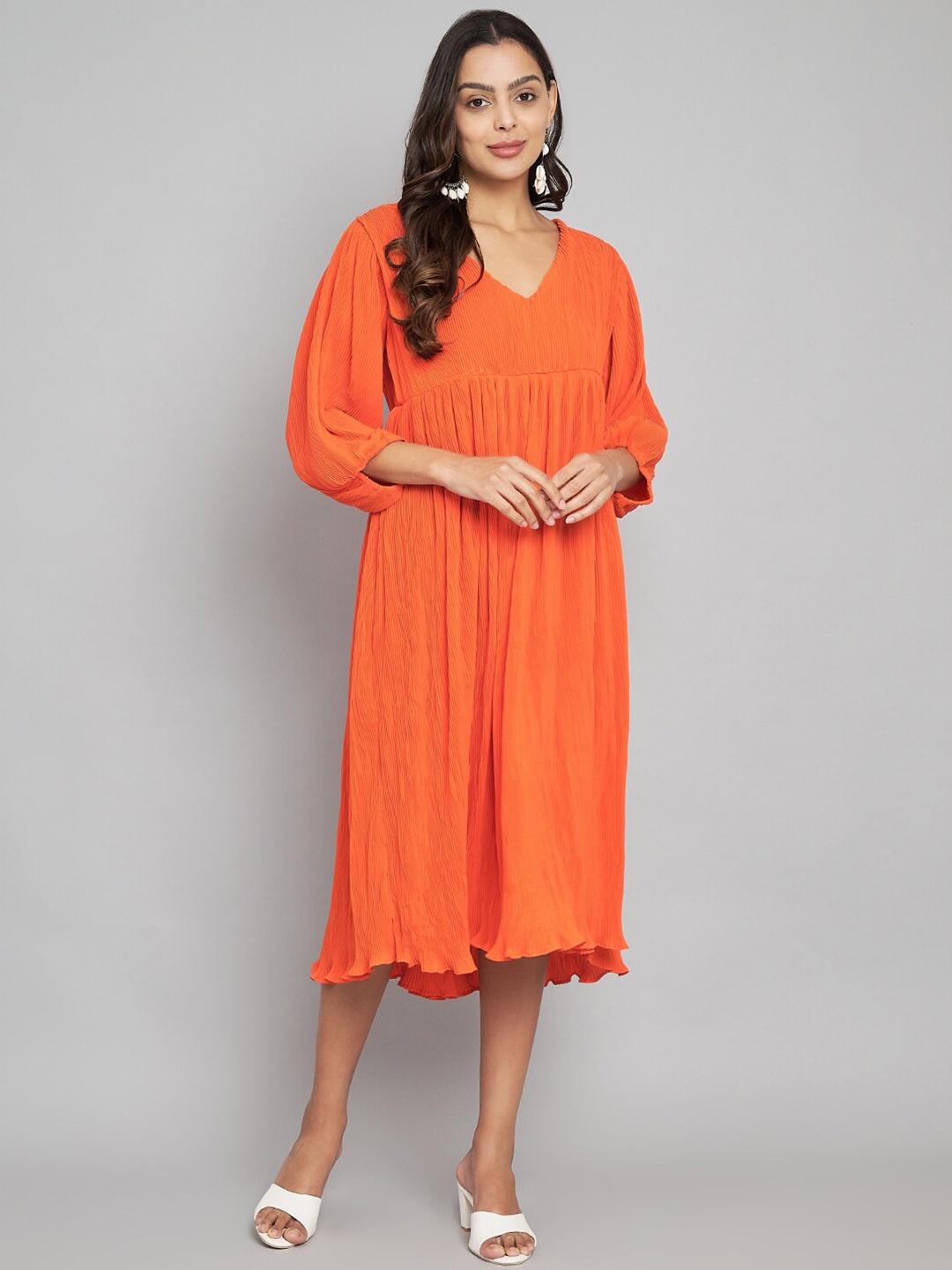 

Amagyaa V Neck Puff Sleeve Empire Midi Dress, Orange