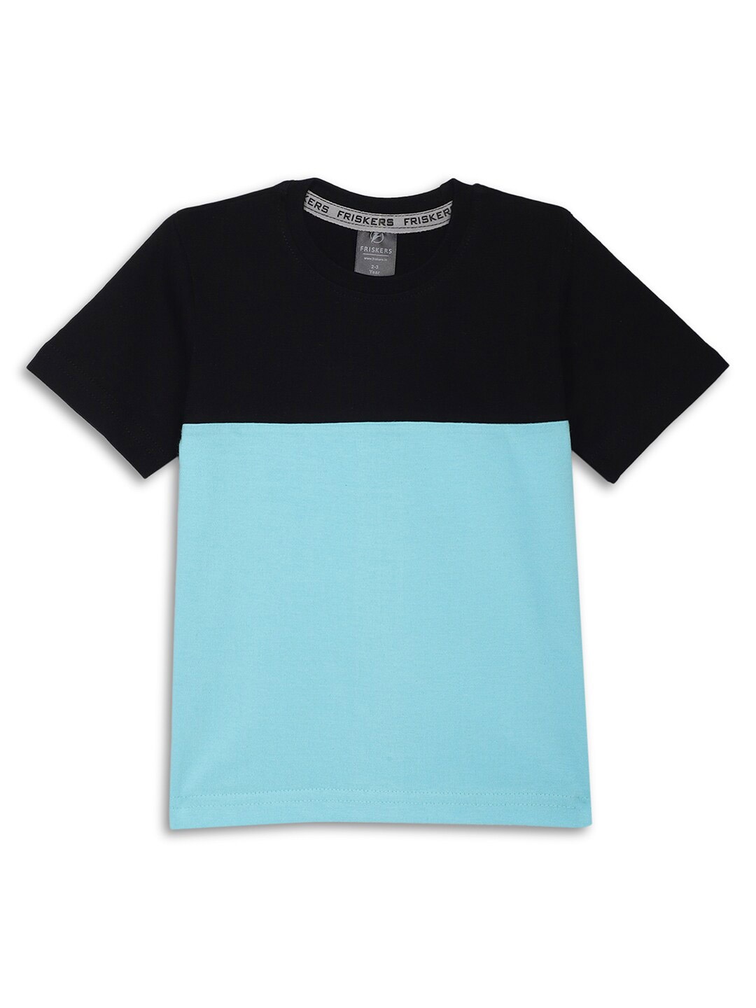 

Friskers Boys Colourblocked Cotton Round Neck Short Sleeves Applique Casual T-shirt, Turquoise blue