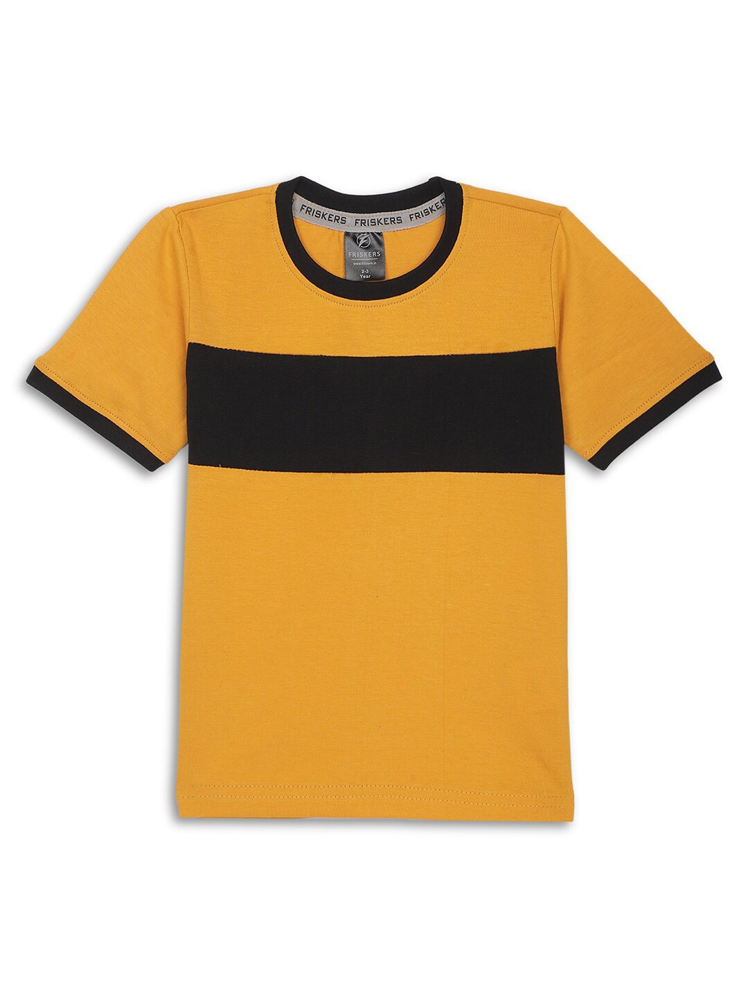 

Friskers Boys Colourblocked Cotton Round Neck Short Sleeves Applique Casual T-shirt, Mustard