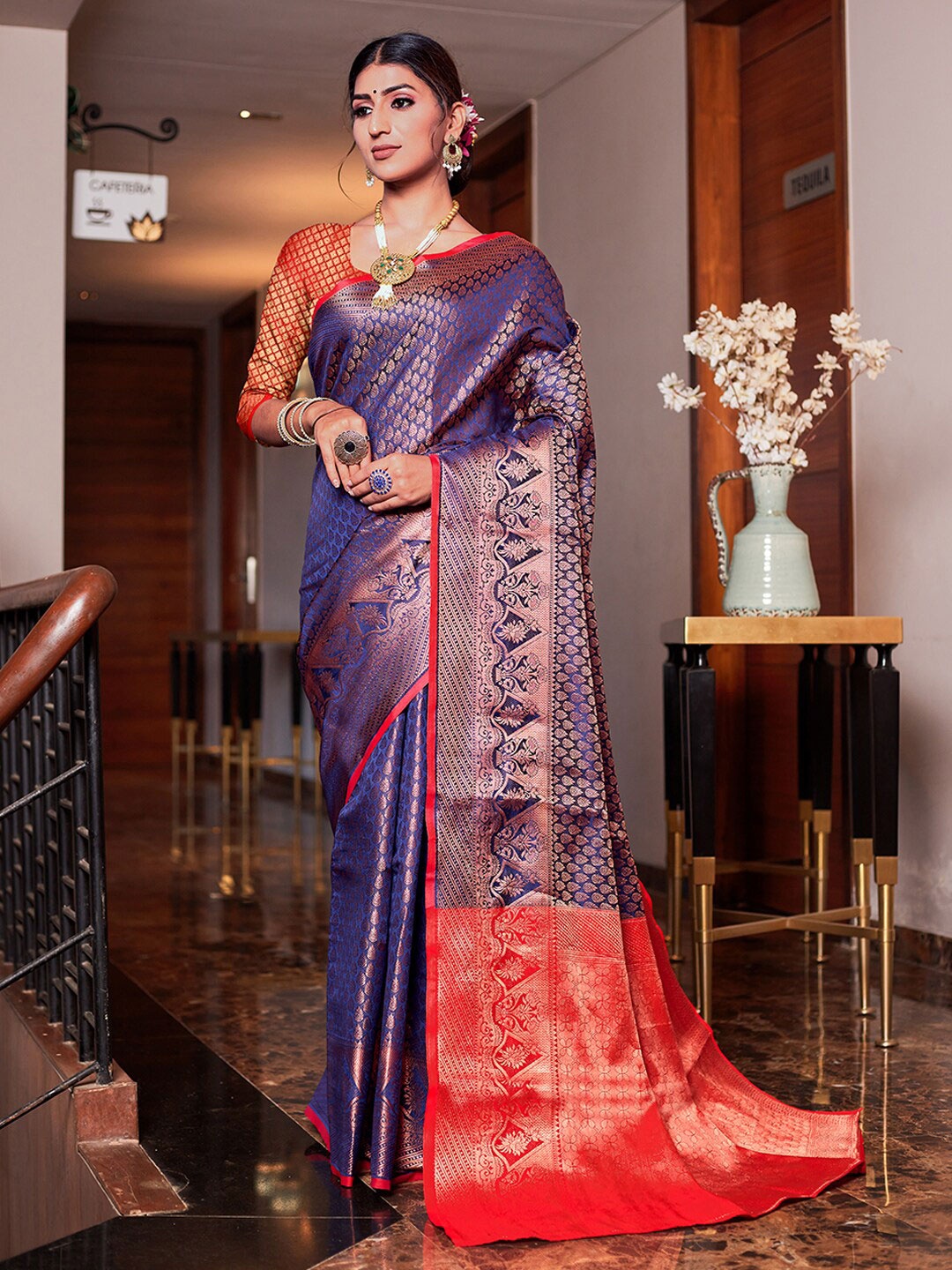 

JUST FASHION Ethnic Motif Woven Design Kanjeevaram Zari Saree, Navy blue