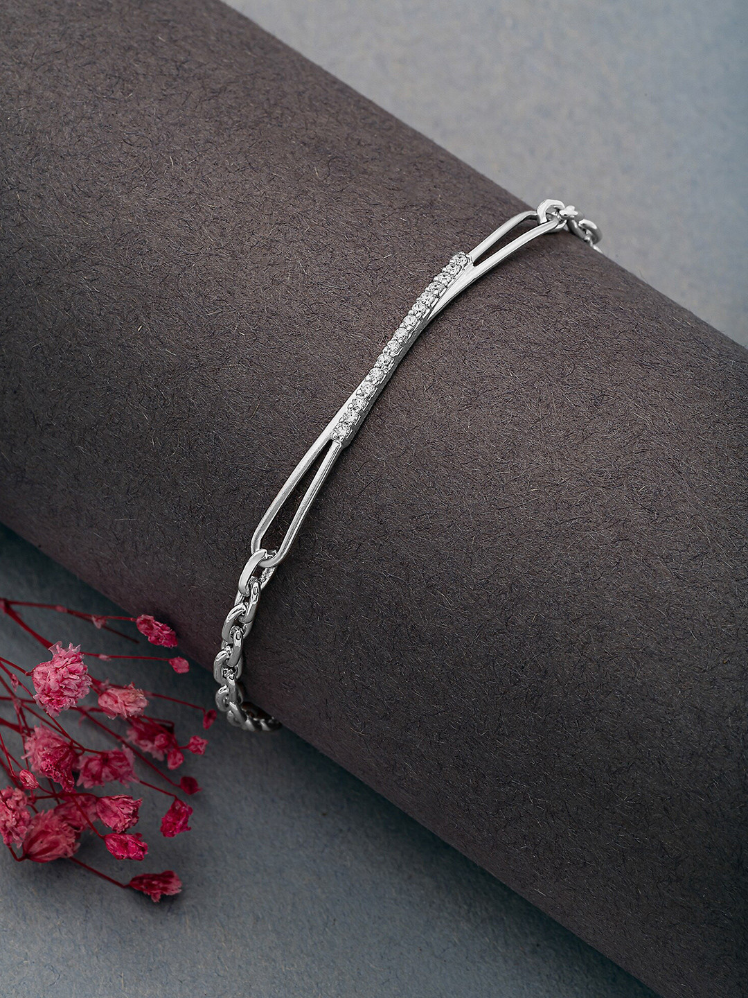 

SILBERRY Rhodium-Plated 925 Sterling Silver Cubic Zirconia Studded Wraparound Bracelet