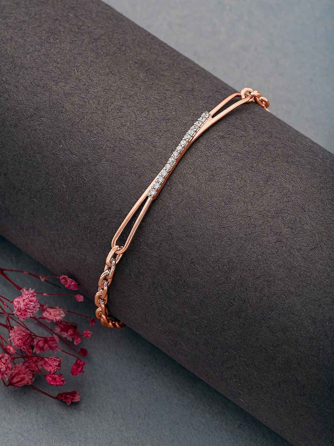 

SILBERRY Rose Gold-Plated 925 Sterling Silver Cubic Zirconia Studded Link Bracelet